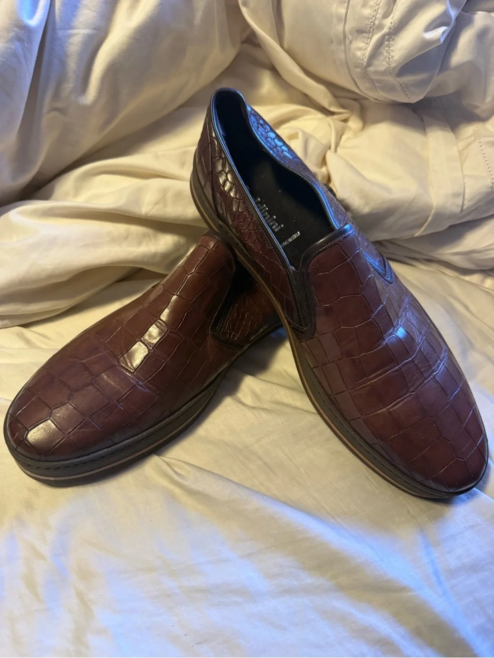 BALDININI Italy Men’s 43 Brown Croc Embossed Leather Luxury Slip On Sneakers